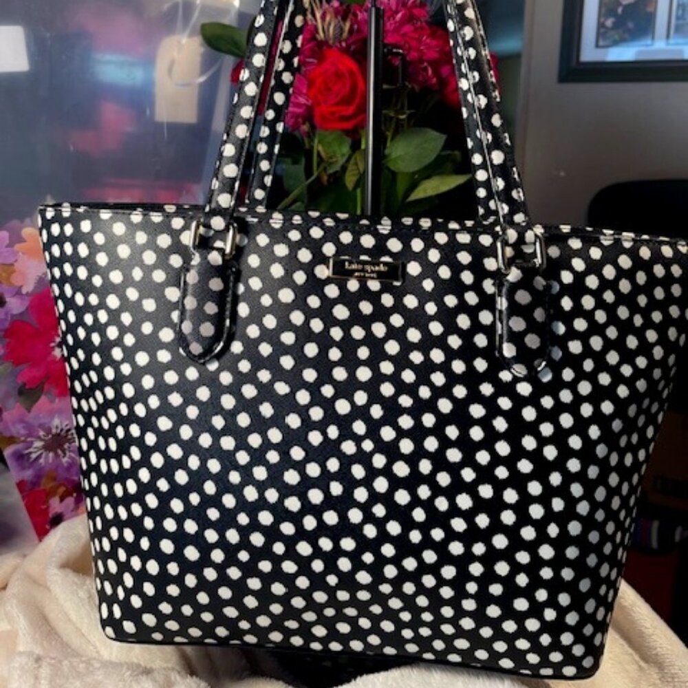 KATE SPADE, EUC LEATHER POLKA DOT TOTE BAG